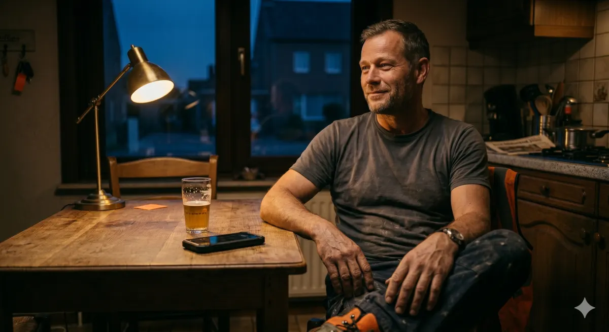 Vakman thuis, ontspannen, handen vrij